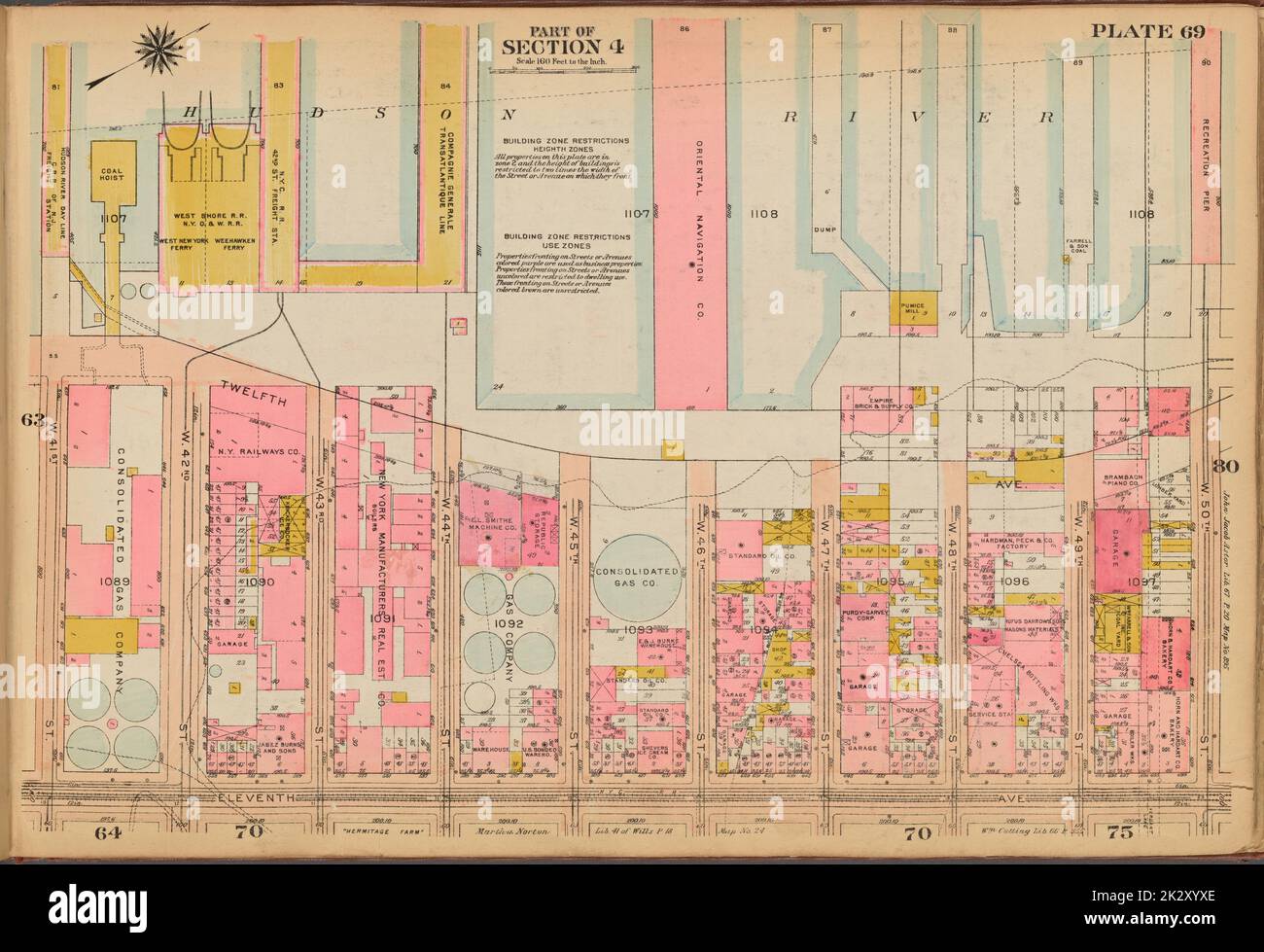 Kartografisch, Karten. 1921 - 1923. Lionel Pincus und Princess Firyal Map Division. Immobilien , New York (Bundesstaat) , New York, Manhattan (New York, N.Y.) Tafel 69: Begrenzt durch (Hudson River Piers) Twelfth Avenue, W. 50. Street, Elventh Ave und W. 41. Street Stockfoto