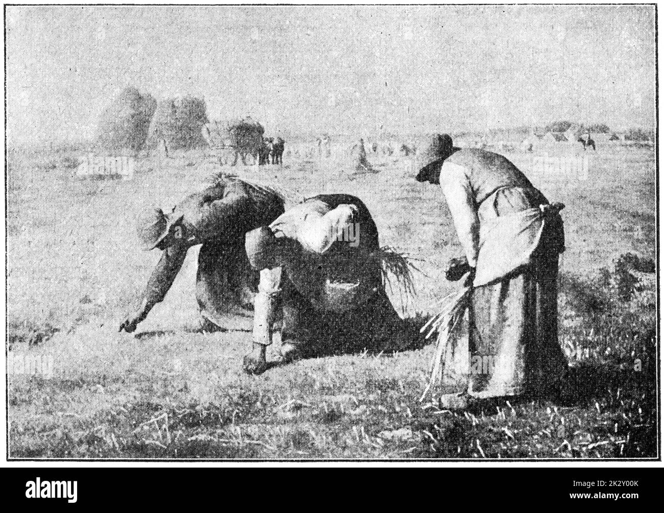 Die Gleaners (des glaneuses) ist ein Gemälde des französischen Künstlers Jean-Francois Millet. Illustration des 19. Jahrhunderts. Weißer Hintergrund. Stockfoto