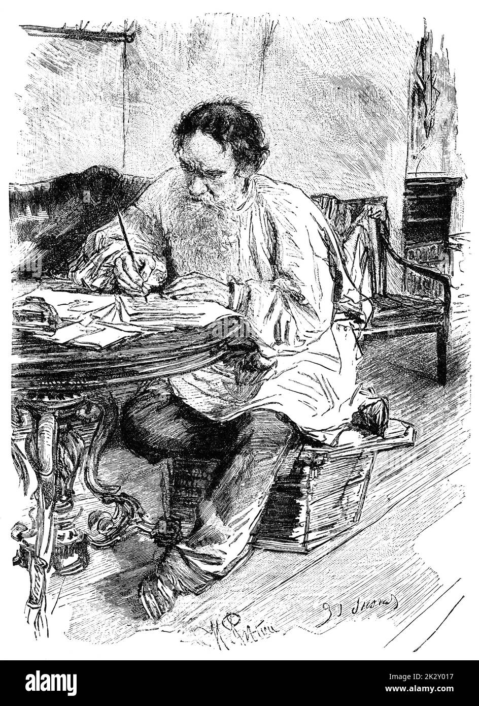 Porträt des Grafen Lew (Leo) Nikolajewitsch Tolstoi - ein russischer Schriftsteller, der als einer der größten Autoren aller Zeiten gilt. Illustration des 19. Jahrhunderts. Weißer Hintergrund. Stockfoto