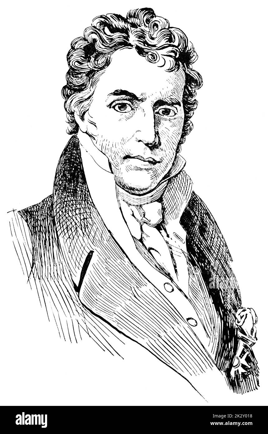 Porträt von Jacques-Louis David - ein französischer Maler im neoklassischen Stil. Illustration des 19. Jahrhunderts. Weißer Hintergrund. Stockfoto