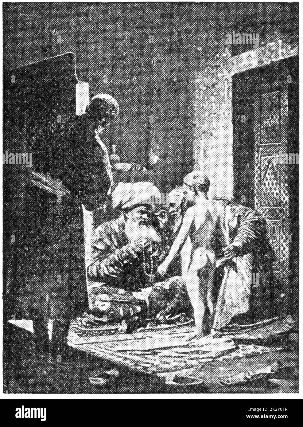 "Sale of a Child-Slave" von einem russischen Maler Wassilij Wassiljewitsch Vereschtschagin. Illustration des 19. Jahrhunderts. Weißer Hintergrund. Stockfoto