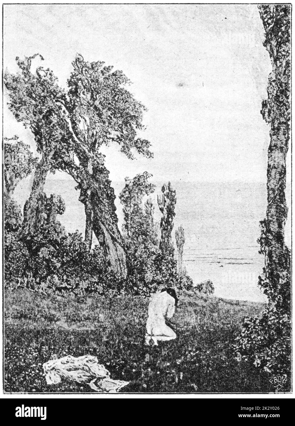 "Von der Schönheit" von einem deutschen Maler Max Klinger. Illustration des 19. Jahrhunderts. Weißer Hintergrund. Stockfoto