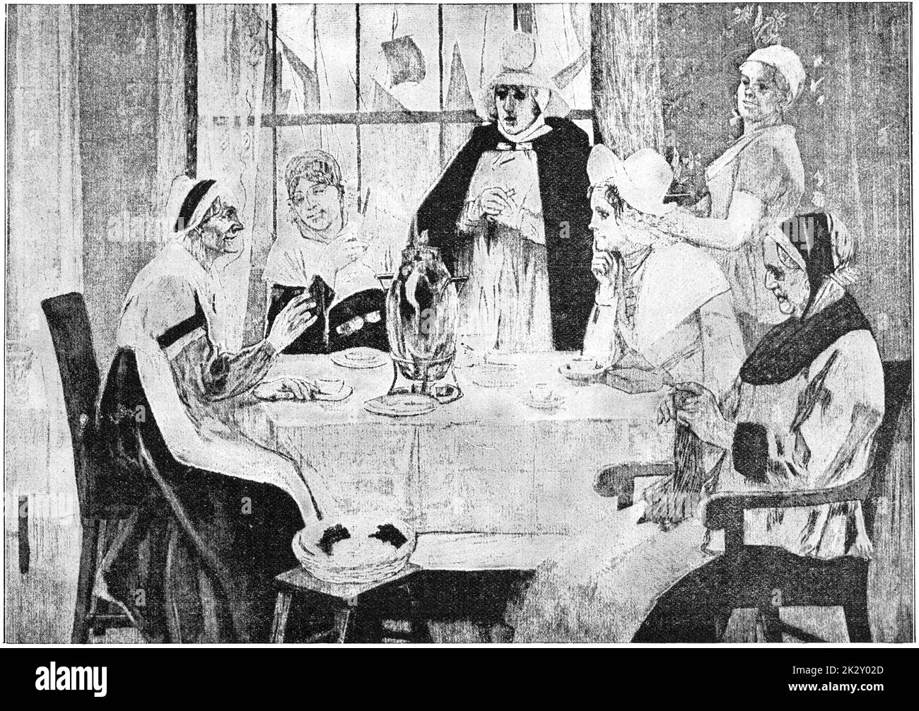 'Le Scandale' von einem belgischen Maler von Felicien Victor Joseph ROPS. Illustration des 19. Jahrhunderts. Weißer Hintergrund. Stockfoto