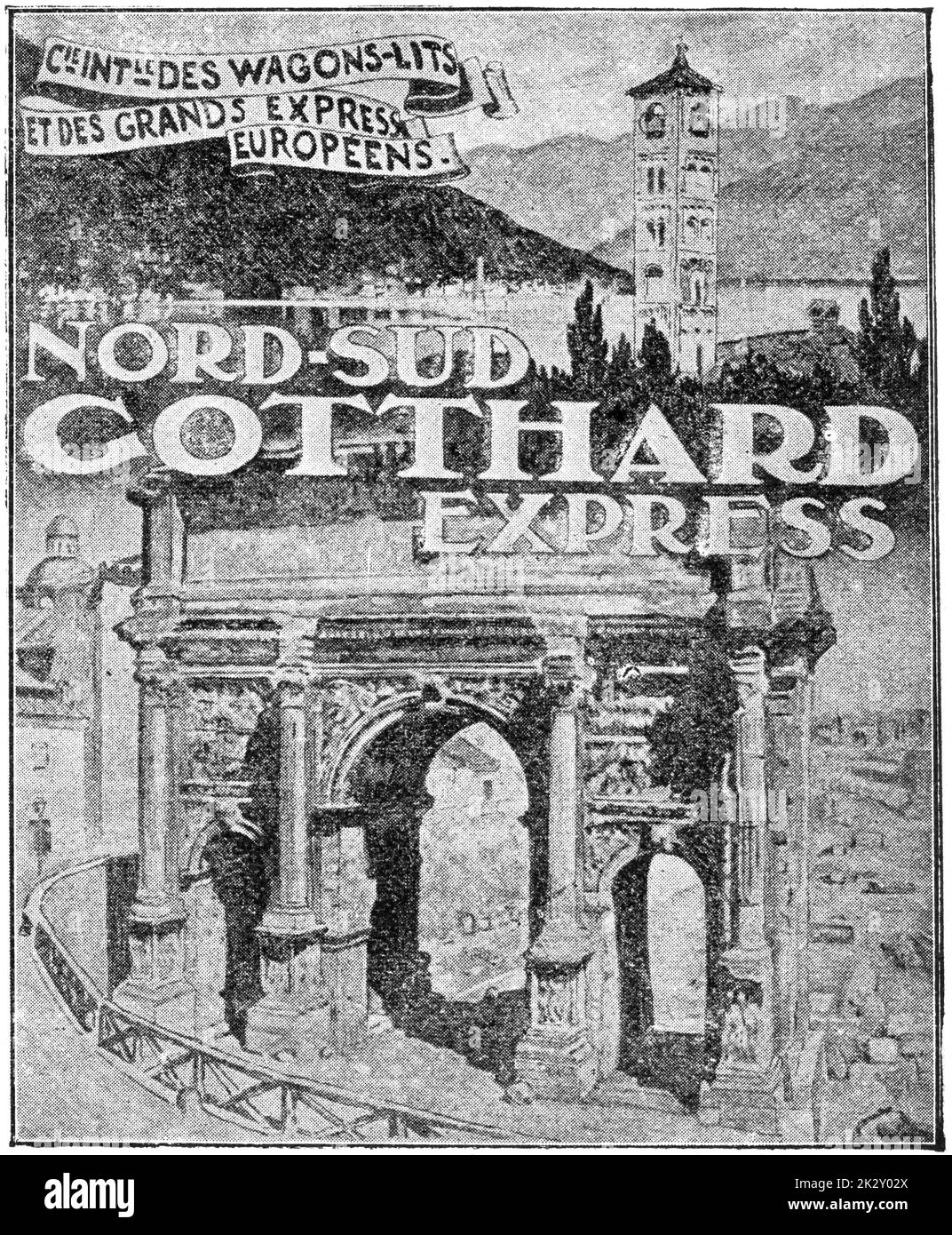 Werbeplakat. Nord-Süd Gotthard Express. Illustration des 19. Jahrhunderts. Deutschland. Weißer Hintergrund. Stockfoto