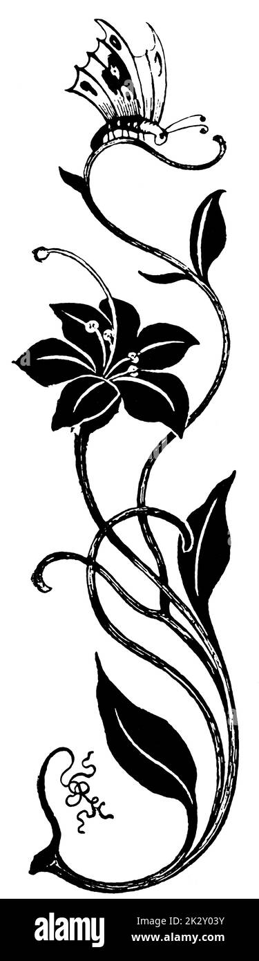 Schöne florale vertikale Ornament. Illustration des 19. Jahrhunderts. Deutschland. Weißer Hintergrund. Stockfoto