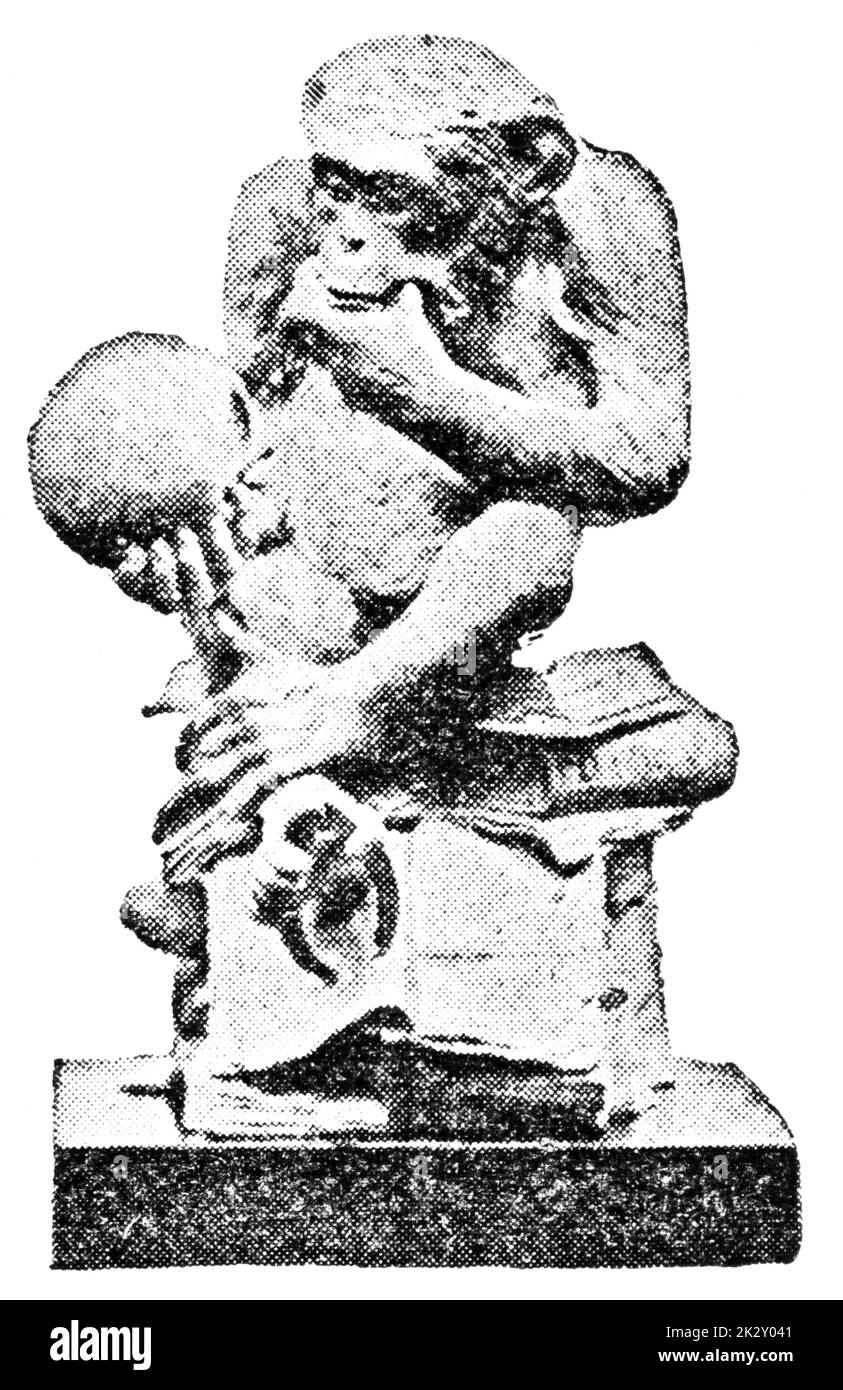 Bronzestatuette eines Affen, der einen menschlichen Schädel betrachtet. Illustration des 19. Jahrhunderts. Deutschland. Weißer Hintergrund. Stockfoto