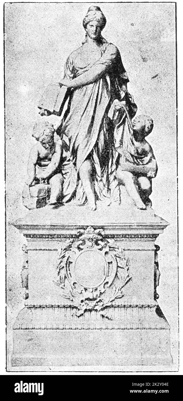 Die Statue des Handels und des Handels. Illustration des 19. Jahrhunderts. Deutschland. Weißer Hintergrund. Stockfoto