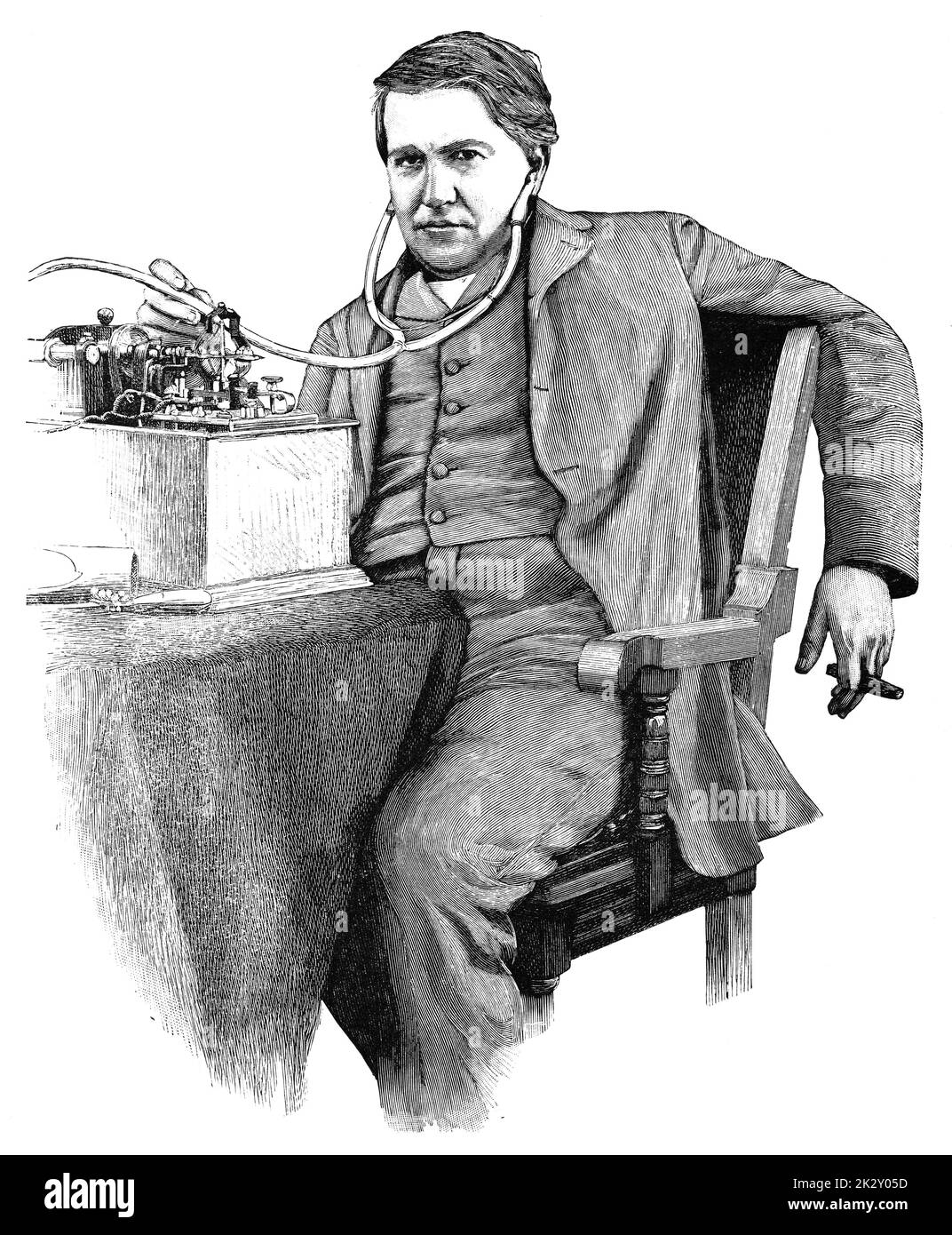 Porträt von Thomas Alva Edison - ein amerikanischer Erfinder und Geschäftsmann, der als Amerikas größter Erfinder beschrieben wurde. Illustration des 19. Jahrhunderts. Deutschland. Weißer Hintergrund. Stockfoto