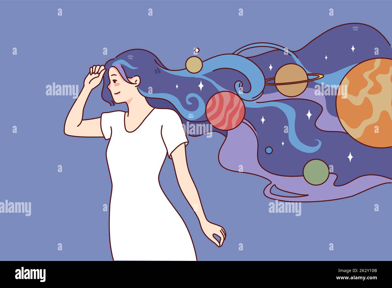 Eine Frau mit Universum zeichnet auf Haaren Stockfoto