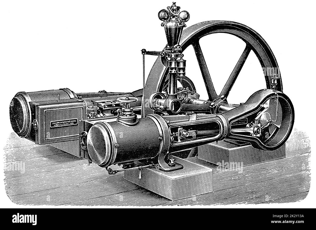 Horizontaler Doppelmotor aus dem Maschinenwerk Augsburg. Illustration des 19. Jahrhunderts. Deutschland. Weißer Hintergrund. Stockfoto