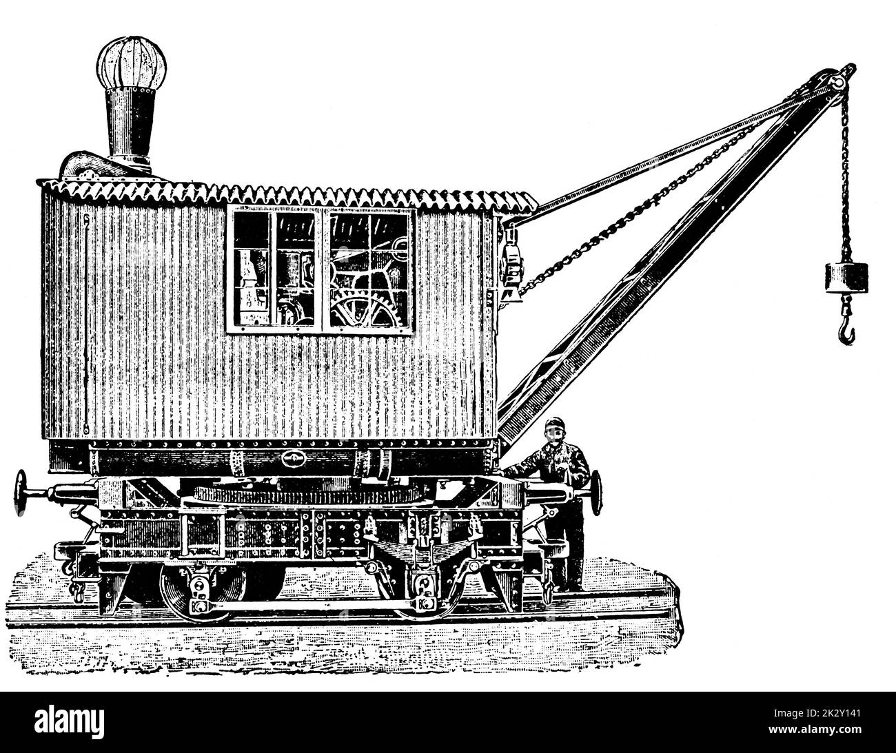 Dampfkran. Illustration des 19. Jahrhunderts. Deutschland. Weißer Hintergrund. Stockfoto