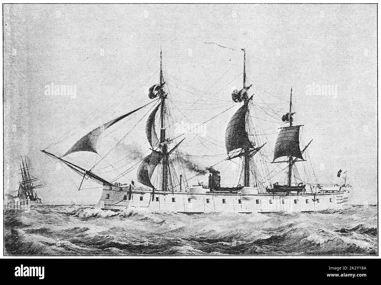 Ocean (1865) - eine hölzerne, gepanzerte Fregatte, die für die französische Marine gebaut wurde. Illustration des 19. Jahrhunderts. Deutschland. Weißer Hintergrund. Stockfoto