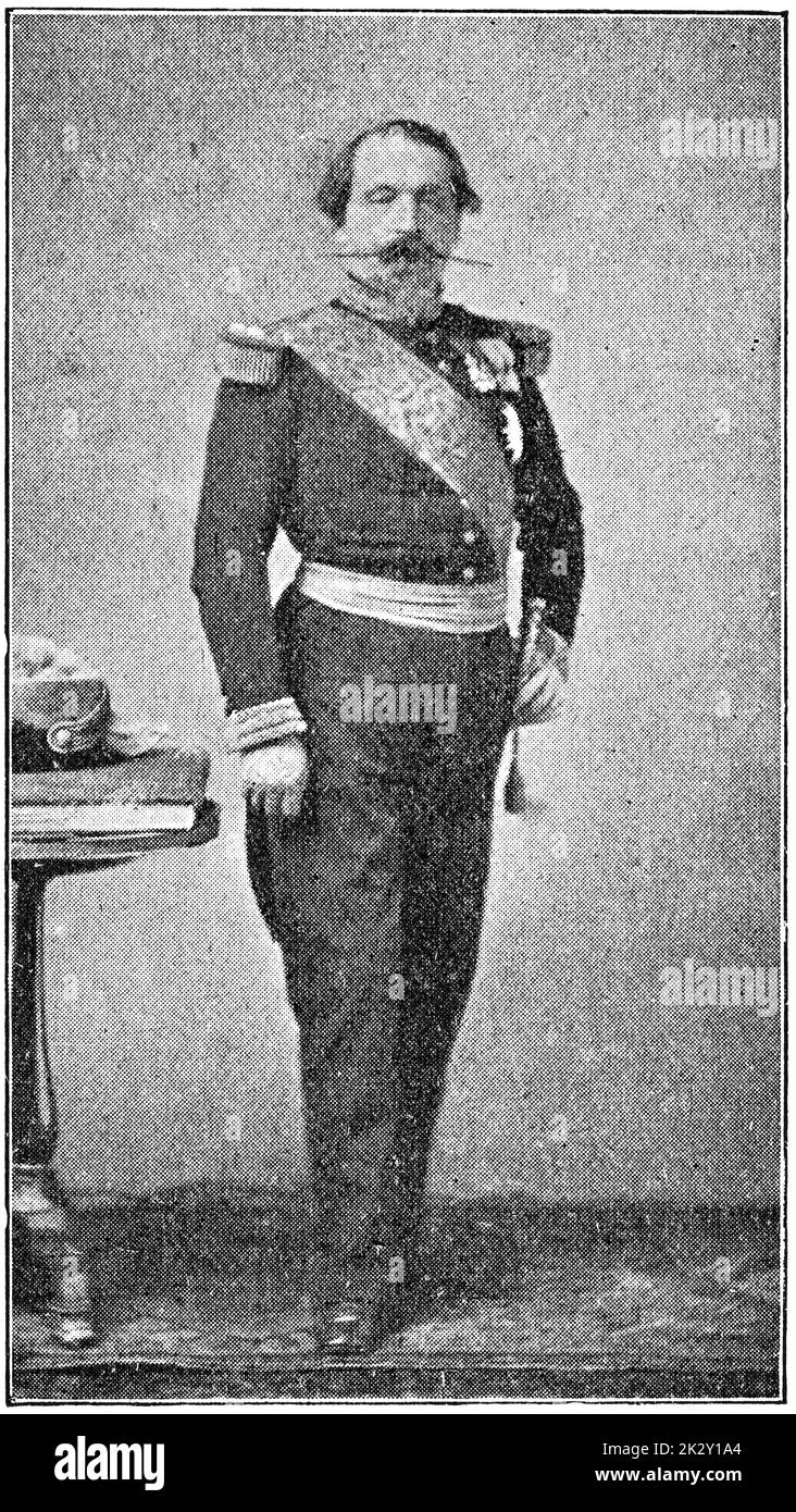Porträt Napoleons III. (Charles-Louis Napoleon Bonaparte) - der erste Präsident Frankreichs und der letzte französische Monarch. Illustration des 19. Jahrhunderts. Deutschland. Weißer Hintergrund. Stockfoto