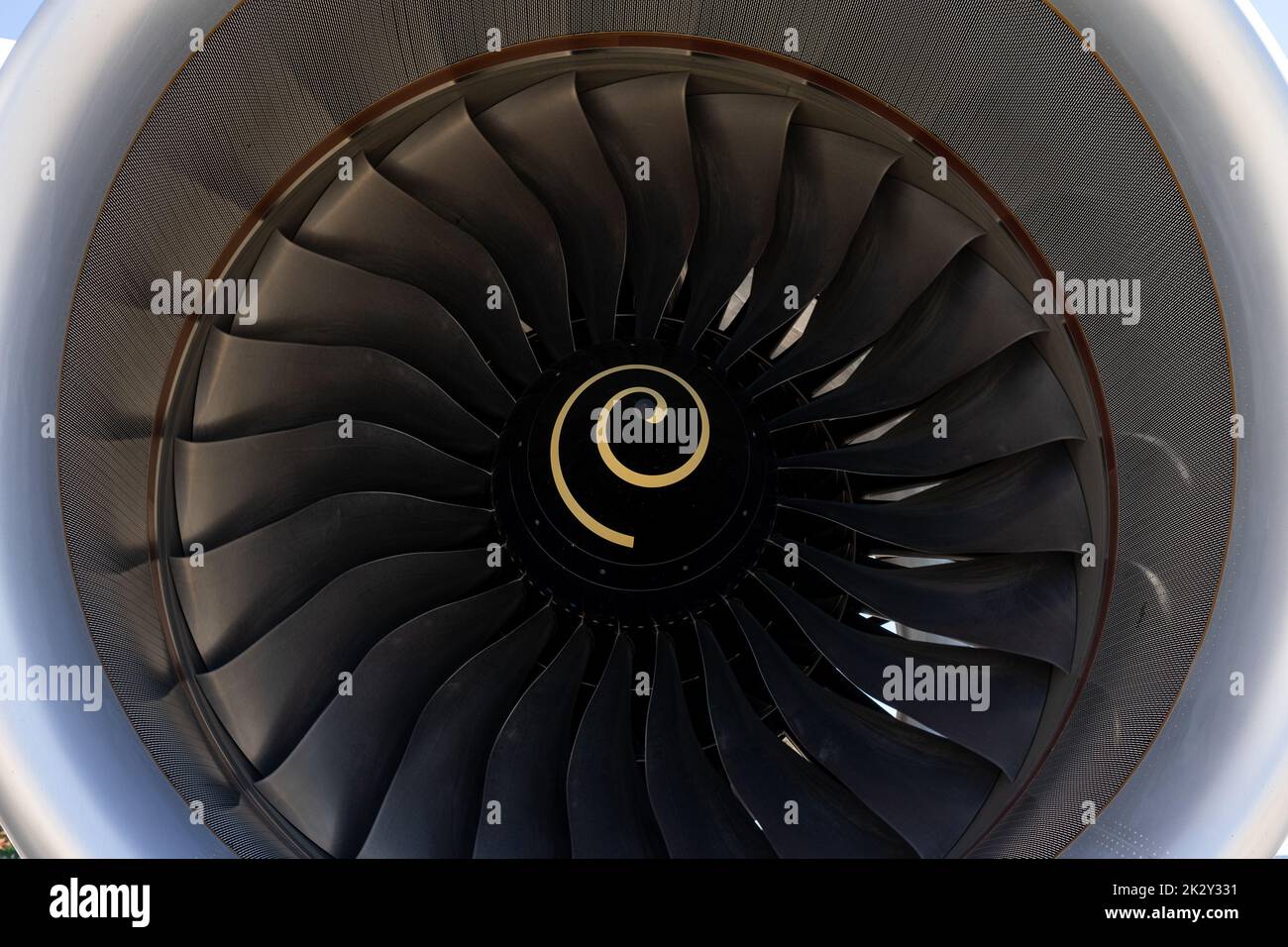 Detail des Turbofan-Strahlmotors, Nahaufnahme. Stockfoto