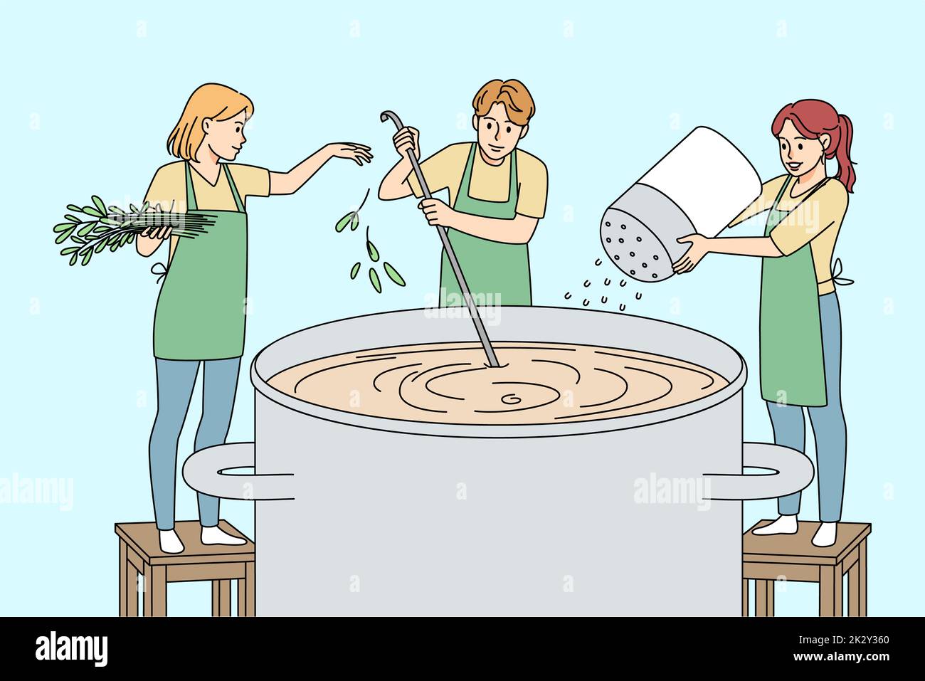 Winzige Leute kochen Suppe Stockfoto