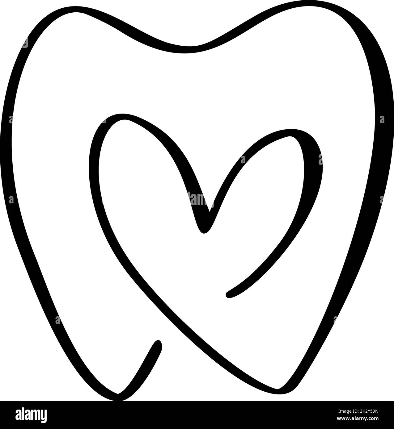 Kalligraphische Linienvektor Zahn- und Herzsymbol. Symbol für Zahnmedizin. Medizinisches Schild. Dentalhealthy Logo Clean White und gesund. Vorlage für die zahnmedizinische Versorgung Stock Vektor