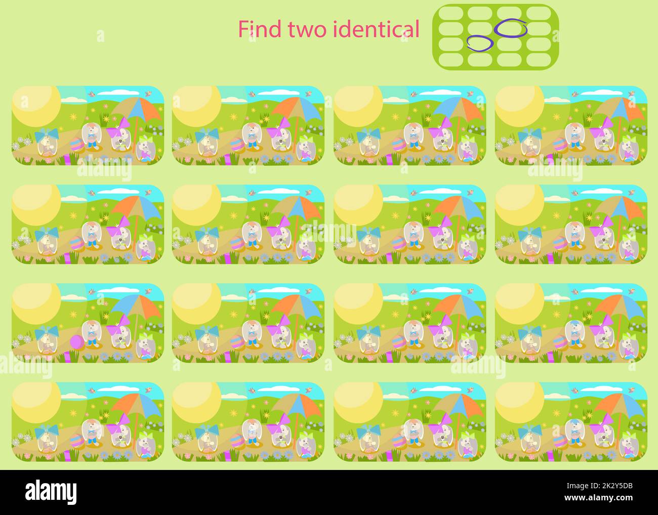 In dem Lustige Kaninchen auf dem Gras Puzzle für Kinder bis 8 Jahre finden Sie 2 identische Bilder Stock Vektor