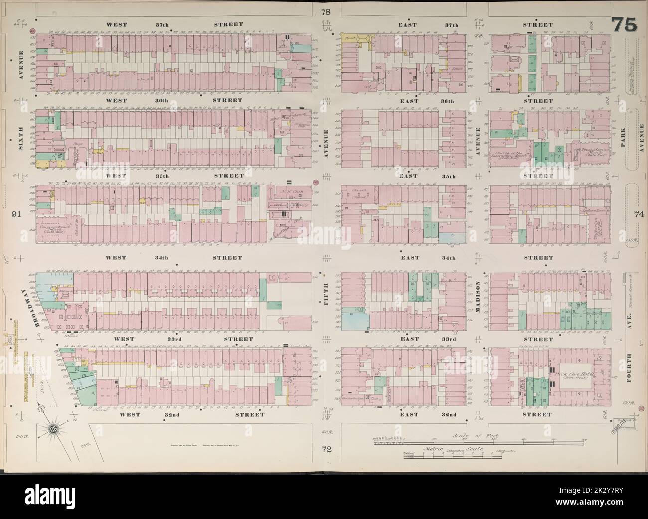 Kartografisch, Karten. 1890. Lionel Pincus und Prinzessin Firyal Map Division. Feuerversicherung , New York (Staat), Immobilien , New York (Staat), Städte & Orte , New York (Staat) Manhattan, V. 4, Doppelseite Plate No. 75 Karte begrenzt durch W. 37. St., E. 37. St., 4. Ave., E. 32. St., W. 32. St., 6. Ave Stockfoto