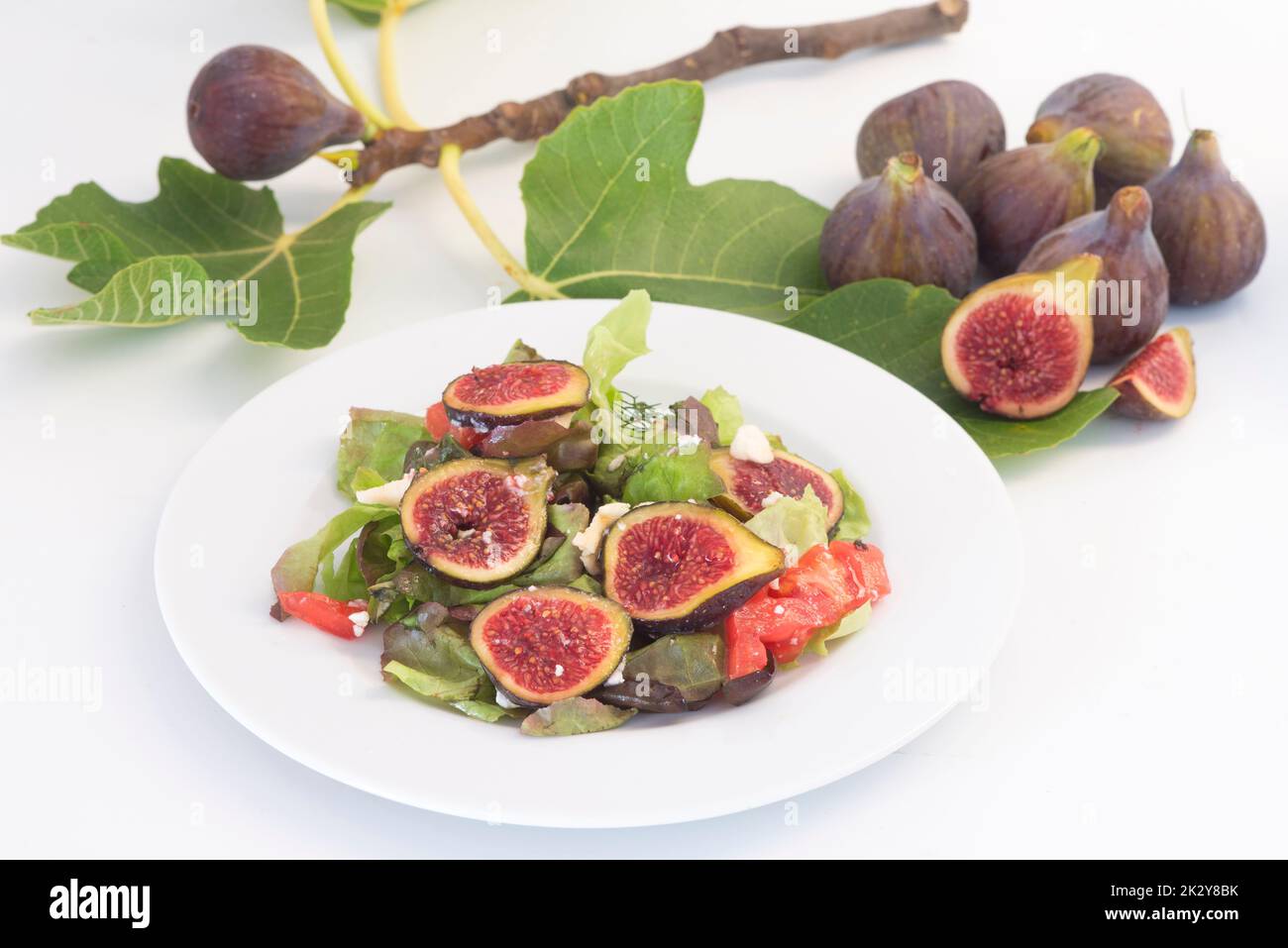 Salat mit Feige, Käse und Tomaten Stockfoto