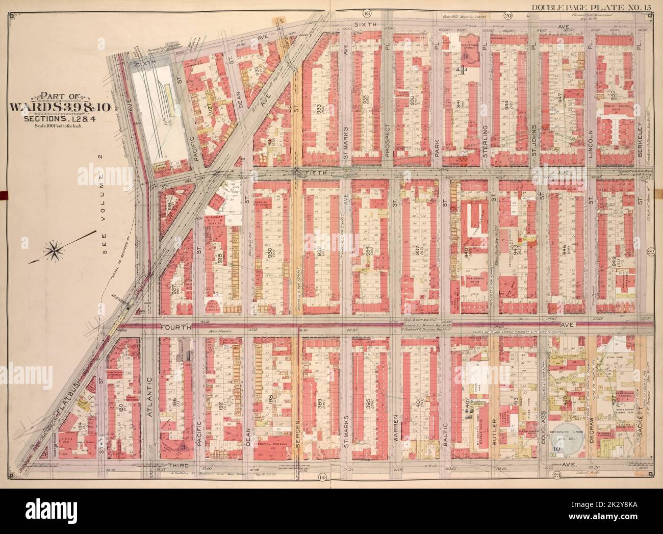 E.B. Hyde & Co. Kartografisch, Karten. 1903 - 1907. Lionel Pincus und Princess Firyal Map Division. Brooklyn (New York, New York) , Maps, Immobilien , New York (State) , New York Brooklyn, Vol. 1, Doppelseite Plate No. 15; Teil von Wards 3, 9 & 10, Abschnitt 1, 2 & 4; Karte begrenzt durch 6. Ave., Berkeley Pl., Sackett St.; einschließlich 3. Ave., Flatbush Ave, Atlantic Ave Stockfoto