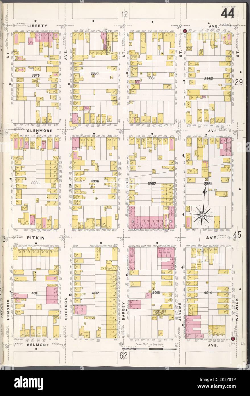 Kartografisch, Karten. 1884 - 1936. Lionel Pincus und Princess Firyal Map Division. Feuerversicherung , New York (Staat), Immobilien , New York (Staat), Städte & Orte , New York (Staat) Brooklyn V. 8, Plate No. 44 Karte begrenzt durch Liberty Ave., Warwick St., Belmont Ave., Hendrix St. Stockfoto