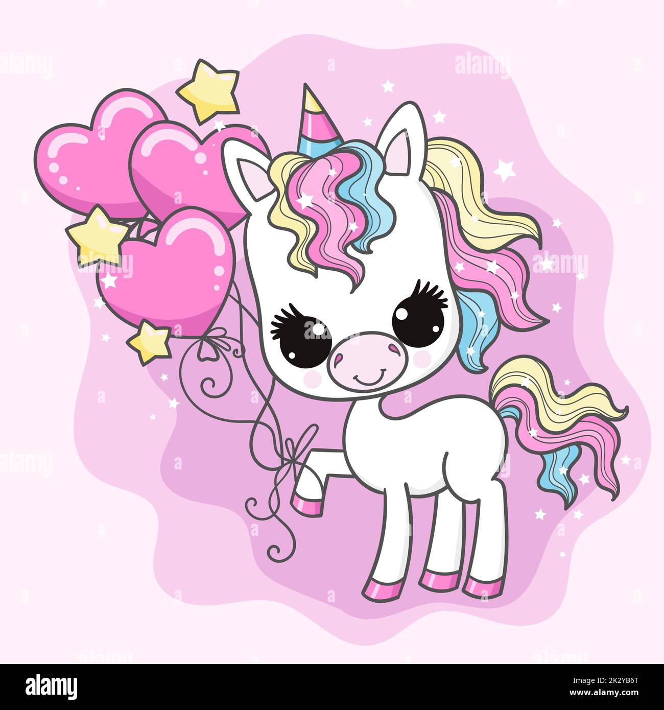 Niedliche Cartoon Einhorn mit Herz geformten Ballon. Für Kinder Gestaltung von Karten, Drucke, Plakate, Aufkleber und so weiter. Vektor Stock Vektor