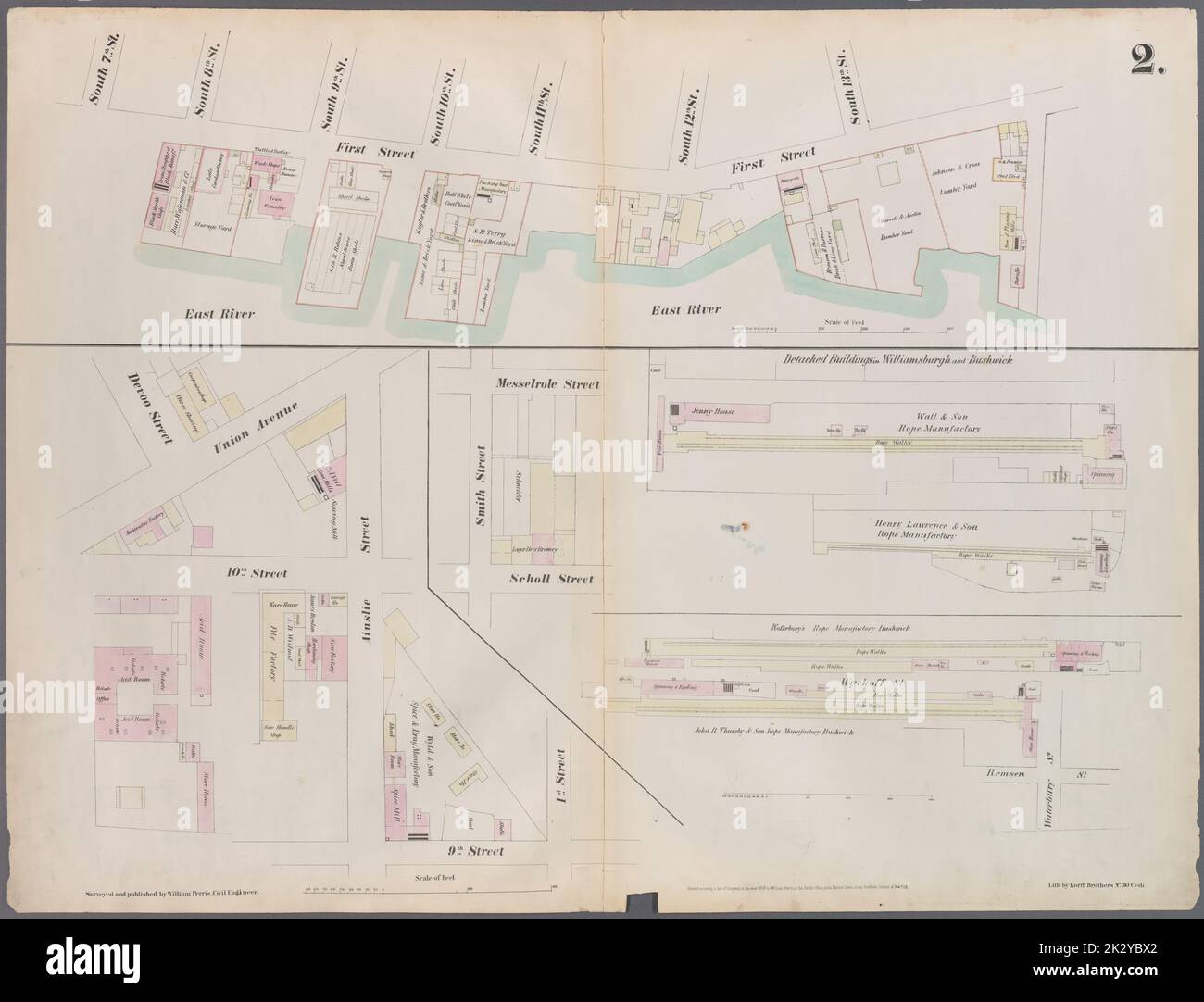 Kartografisch, Karten. 1855. Lionel Pincus und Prinzessin Firyal Map Division. Brooklyn (New York, N.Y.), Versicherung, Feuer, Karten Platte 2: Karte begrenzt durch South 8. Street, 1. Street, Division Street, Devoe Street, Union Avenue, Ainslie Street, 1. Street, 9. Street, Smith Street, Messerole Street, Scholl Street, Waterbury Street, Remsen Street, Wyckoff Street Stockfoto