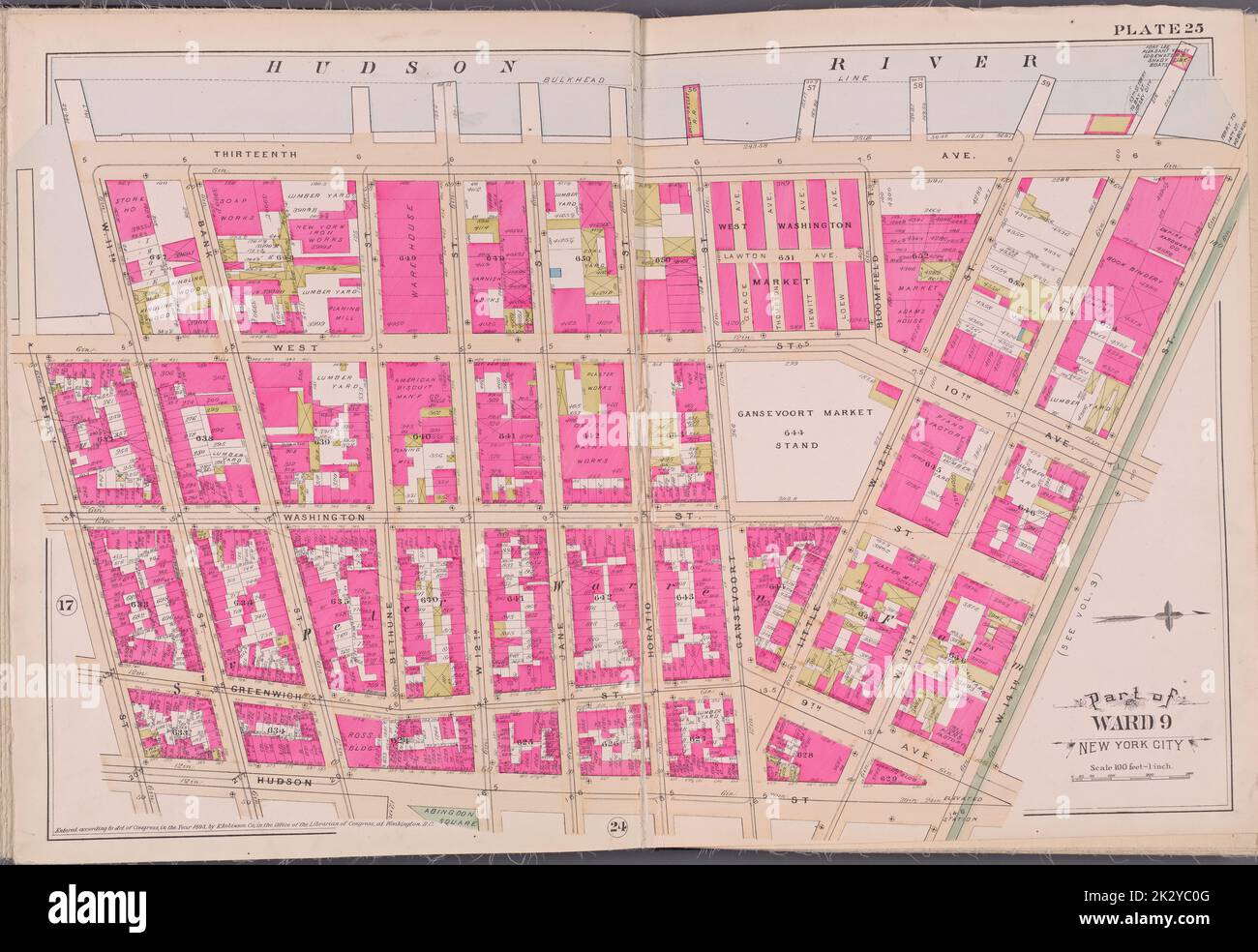 Kartografisch, Karten. 1893. Lionel Pincus und Prinzessin Firyal Map Division. New York (New York) Platte 25 Karte begrenzt durch Hudson River, W. 14. St., Hudson St., Perry St. Stockfoto