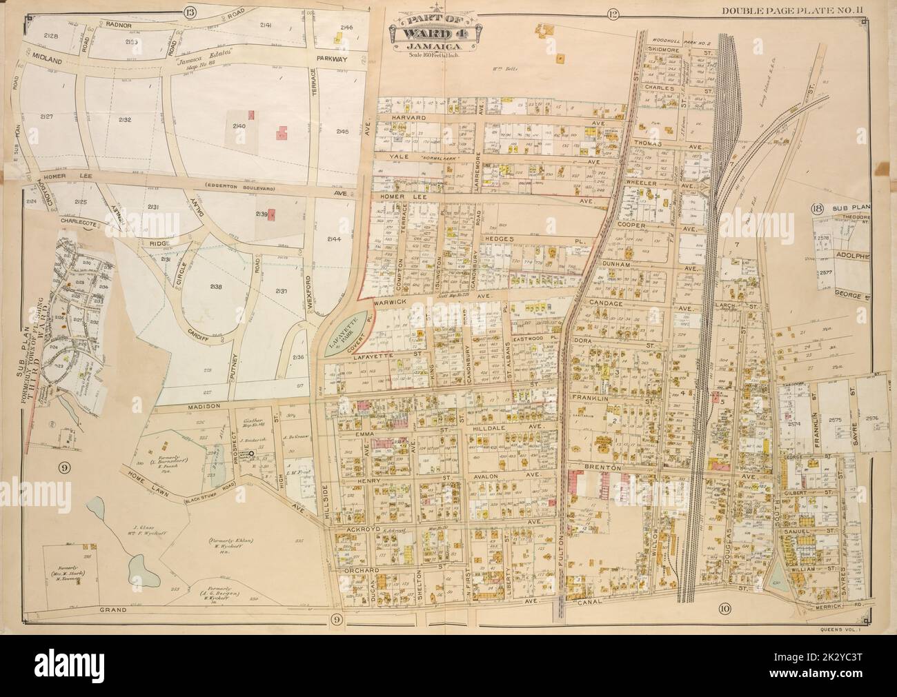 Kartografisch, Karten. 1907. Lionel Pincus und Princess Firyal Map Division Queens, Vol. 1, doppelseitige Platte Nr. 11; Unterplan; ehemals Town of Flushing 3. ward; Karte begrenzt durch Grand Ave., Black Stump Road, Charlecote, Croydon Jamaica Estates Road, Edgerton Blvd., Doncaster Blvd., Henley Road, Midland Parkway, Radnor Road, Brdnor Road, Avon Road, Kent Road, Chevy Chase Road; Teil von ward 4 Jamaica; Karte begrenzt durch Hillside Ave., Prospect Ave., Home Lawn Ave., Harvard Ave., Yale Ave., Larremore Ave., Homer Lee Ave., Compton Terrace, Warwick Ave., Hilldale Ave., Avalon Ave., Ackroyd Ave., Dugan Av Stockfoto