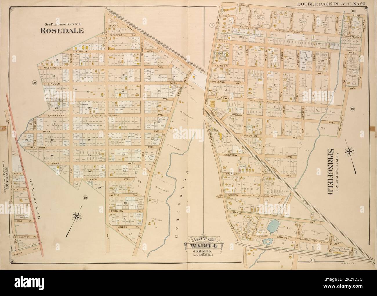 Kartografisch, Karten. 1907. Lionel Pincus und Princess Firyal Map Division Queens, Vol. 1, Doppelseitenplatte Nr. 20; Teil von ward 4; Jamaika; Unterplan von Platte Nr. 19; Rosedale; Karte begrenzt durch Plaza Mill Ave.; einschließlich Ocean Ave.; Unterplan von Platte Nr. 18; Springfield; Karte begrenzt durch Merrick Rd., Compton Pl.; einschließlich Washington Ave., Springfield Road.; Unterplan aus Platte Nr. 19; Rosedale; Karte begrenzt durch Ocean Ave.; einschließlich Boundary Line of the City New York, Conduit. Stockfoto