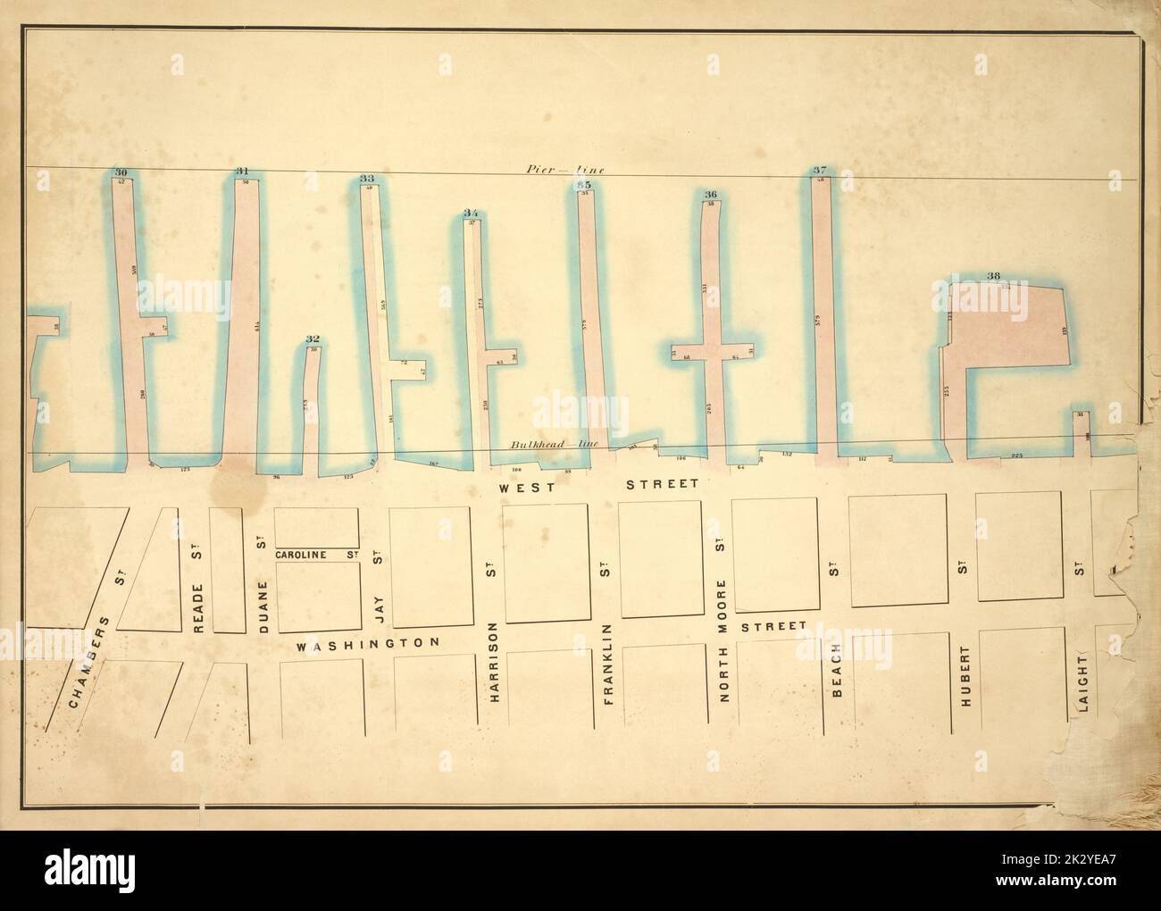 Kartografisch, Karten. 1860. Lionel Pincus und Princess Firyal Map Division Map begrenzt durch Pier - Linie 30-38, Laight St, Washington Street, Chambers St; einschließlich West Street, Caroline Street, Reade Street, Duane Street, Jay Street, Harrison Street, Franklin Street, North Moore Street, Beach Street, Hubert Street Stockfoto