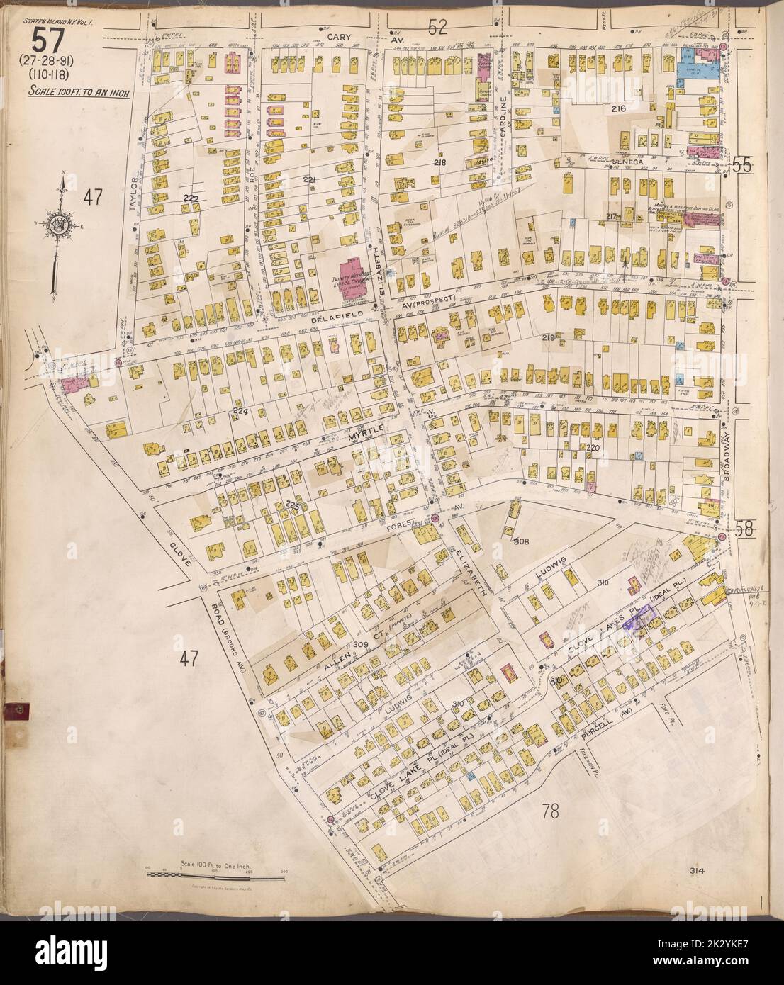 Kartografisch, Karten. 1917. Lionel Pincus und Prinzessin Firyal Map Division. Immobilien , New York (Staat) , New York, Feuerversicherung , New York (Staat) , New York, Staten Island (New York, N.Y.) Staten Island, V. 1, Plate No. 57 Karte begrenzt durch Cary Ave., Broadway, Purcell, Clove Rd. Stockfoto