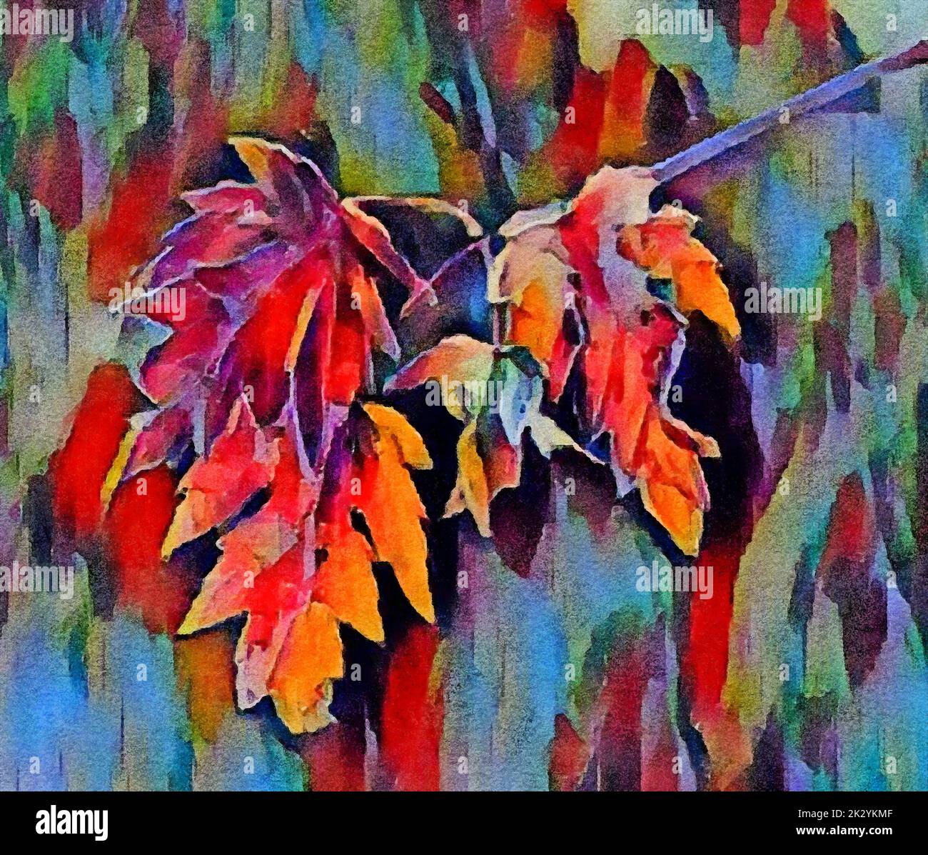 Farbenfrohe Herbstmahornblätter sind in einem Nahaufnahme-Bild zu sehen, das ein digitales Aquarell ist. Stockfoto