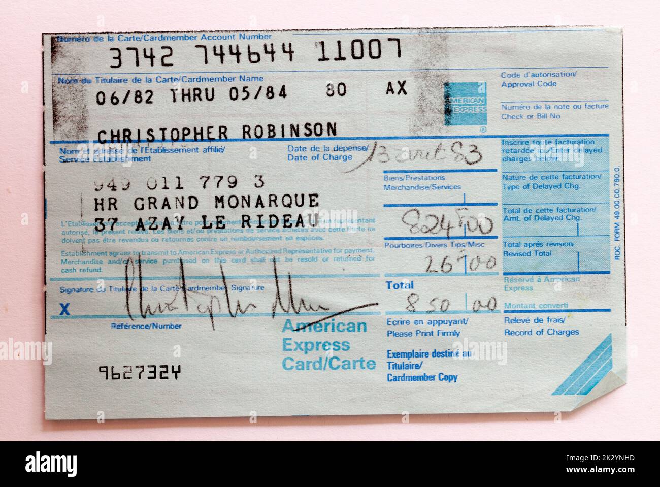 American Express Card Receipt Hotel Payment Im Vintage-Stil Stockfoto