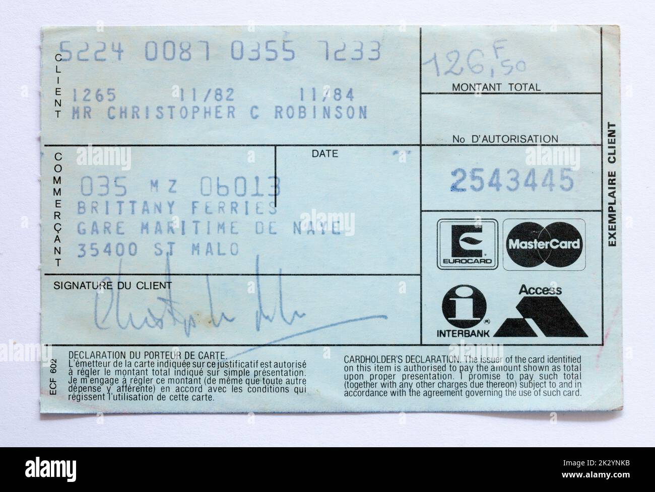 1980s Zugang zu Mastercard Kreditkartenbeleg für Brittany Ferries Stockfoto