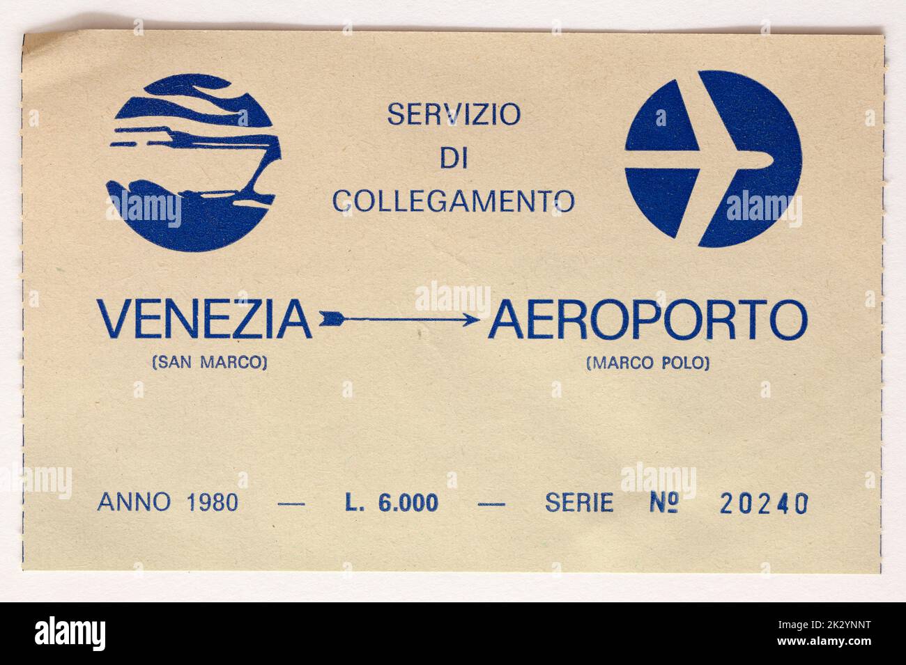 Taxi-Ticket für die alte Fähre vom Flughafen Marco Polo nach San Marco Venedig Italien Stockfoto