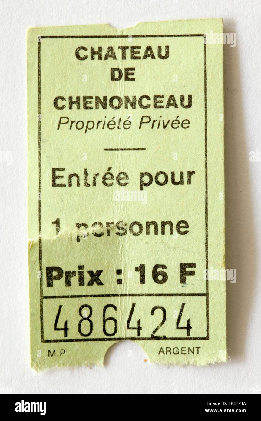 Alte Eintrittskarte für Chateau de Chenonceau Loire-Tal Frankreich Stockfoto