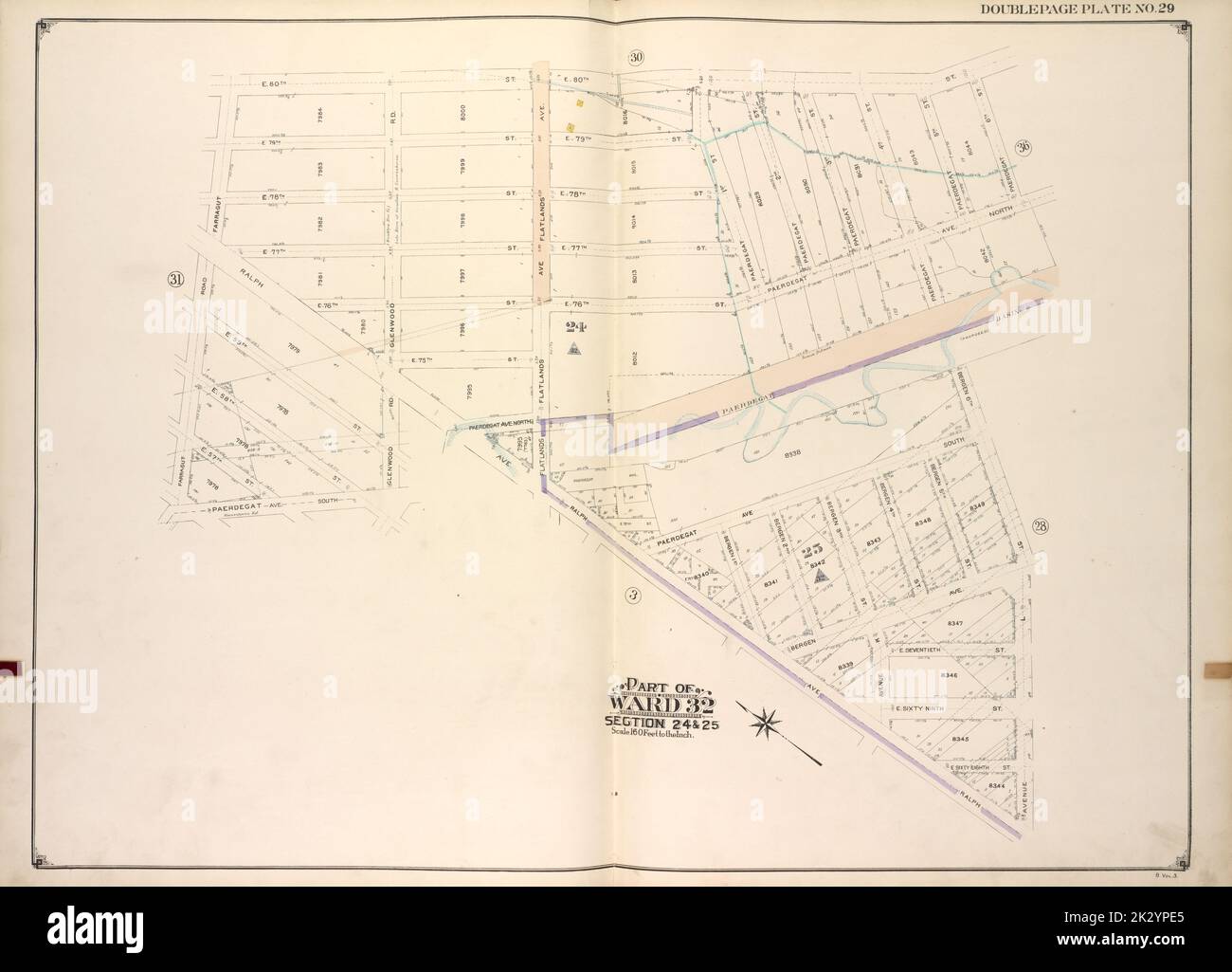 E.B. Hyde & Co. Kartografisch, Karten. 1916 - 1920. Lionel Pincus und Princess Firyal Map Division. Brooklyn (New York, N.Y.), Immobilien , New York (Bundesstaat) , New York Brooklyn, Vol. 3, Doppelseitenplatte Nr. 29; Teil von ward 32, Abschnitte 24 & 25; Karte begrenzt durch E. 80. St., Paerdegat 6. St., Paerdegat Basin, Bergen 6. St., Avenue L; Einschließlich Ralph Ave., Flatlands Ave., Glenwood Rd., Paerdegat Ave., Farragut Rd. Stockfoto