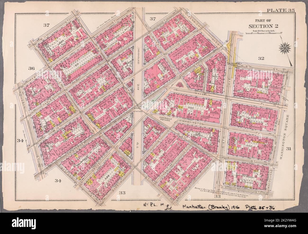 Kartografisch, Karten. 1916. Lionel Pincus und Prinzessin Firyal Map Division. Atlanten, Manhattan (New York, N.Y.), Immobilien , New York (Staat) , New York Platte 35: Begrenzt durch W. 11. Street, W. 4. Street, Perry Street, Waverly Place, Charles Street, Greenwich Avenue, Sixth Avenue, W. 8. Street, Washington Square, W. 3. Street, Sixth Avenue, Cornelia Street, Bleecker Street, Barrow Street, Bedford Street, Christopher Street, Hudson Street, Perry Street und Bleecker Street Teil von Abschnitt 2 Stockfoto
