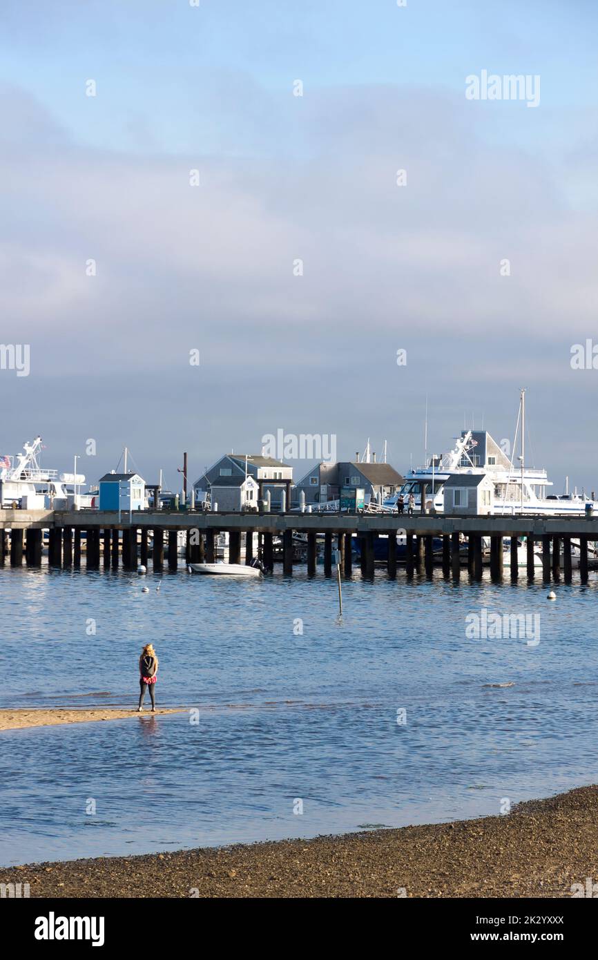 Besucher/Touristen betrachten MacMillan Wharf/Pier von einer Sandbar in Provincetown, Cape Cod, Massachusetts. Stockfoto