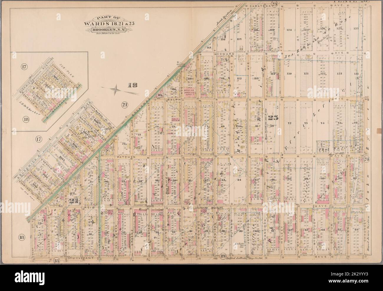 Kartografisch, Karten. 1886. Lionel Pincus und Prinzessin Firyal Map Division. Brooklyn (New York, N.Y.), Immobilien , New York (Bundesstaat) , New York Plate 20: Begrenzt durch Saratoga Avenue, Chauncey Street, Stuyvesant Avenue, Hart Street, Lawton Street, Van Buren Street und Broadway. (Einschließlich Unterplan von Bushwick Ave. - Lawton St. - Broadway - Myrtle St.) Platte 20: Teil der Stationen 18, 21 und 25. Brooklyn, N.Y. Stockfoto