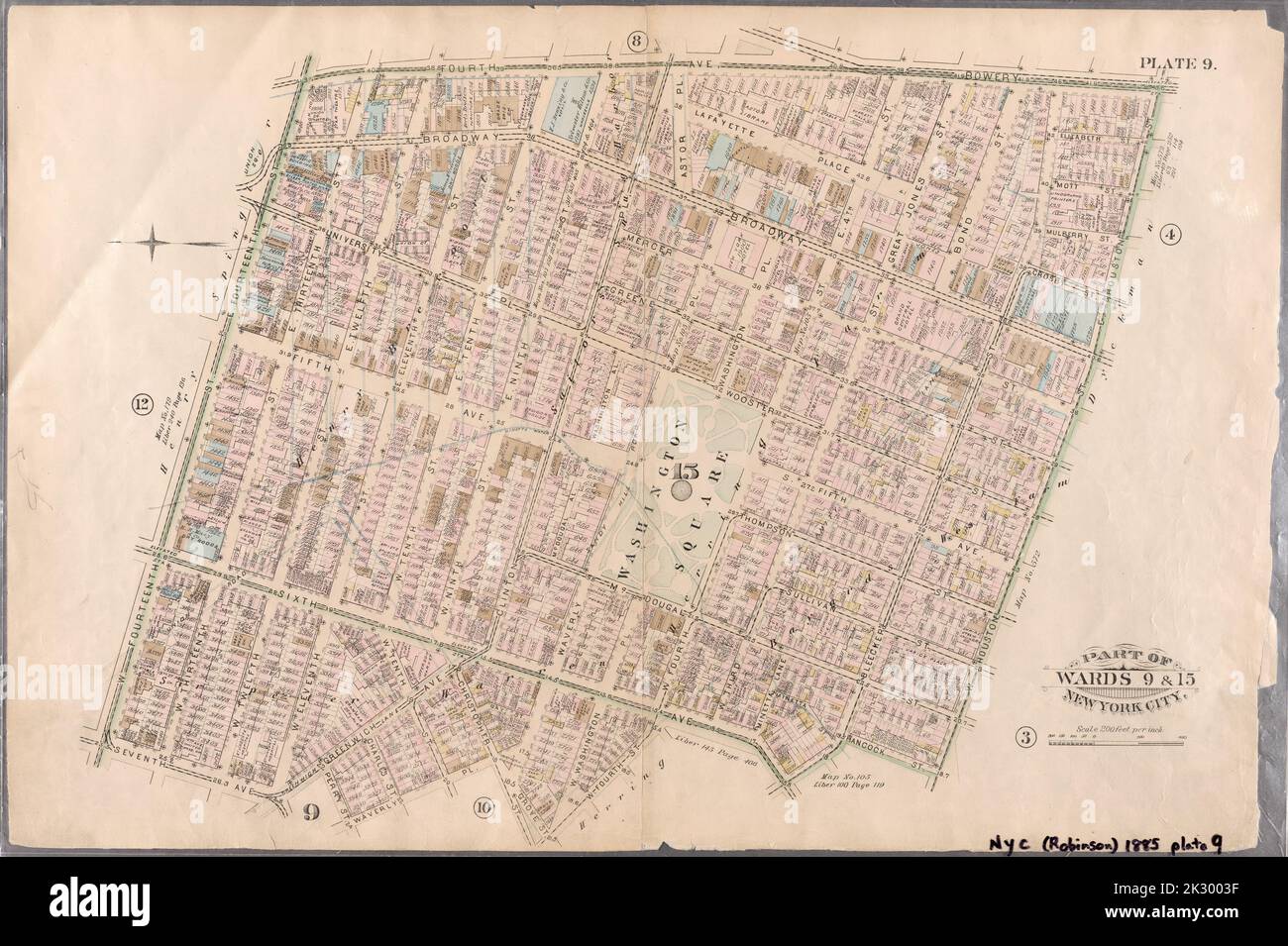 Kartografisch, Karten. 1885. Lionel Pincus und Prinzessin Firyal Map Division. Immobilien , New York (Bundesstaat) , New York, New York (N.Y.) Platte 9: Begrenzt durch Fourth Avenue, Bowery, E. Houston Street, W. Houston Street, Hancock Street, Bleecker Street, Sixth Avenue, W. Fourth Street, Grove Street, Waverly Place, Perry Street, Greenwich Avenue, Seventh Avenue und 14. Street. Teil der Bezirke 9 & 15, New York City. Stockfoto