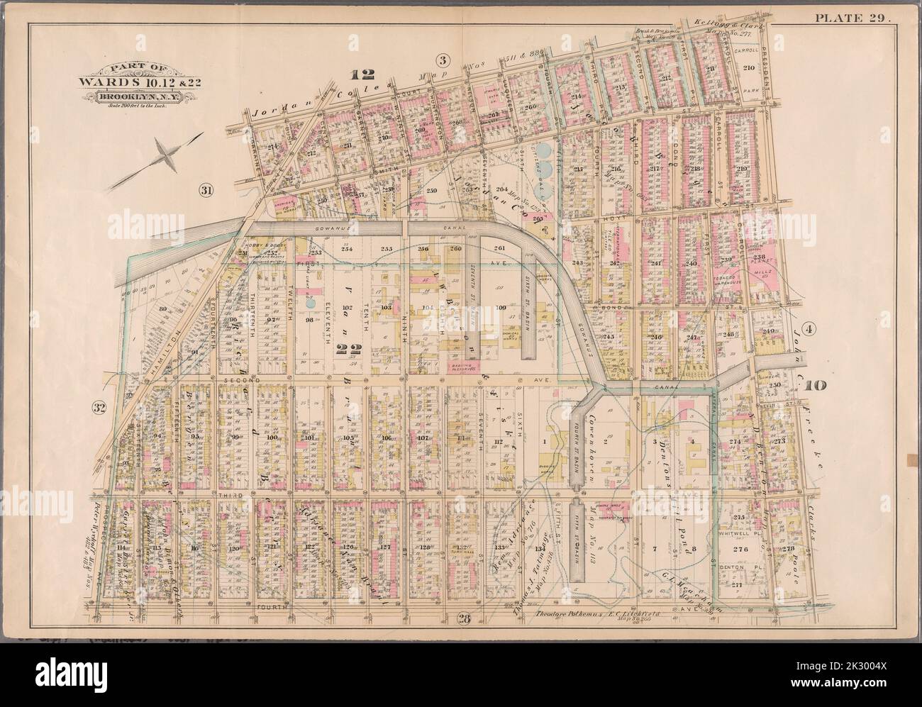 Kartografisch, Karten. 1886. Lionel Pincus und Prinzessin Firyal Map Division. Brooklyn (New York, N.Y.), Immobilien , New York (Bundesstaat) , New York Plate 29: Begrenzt durch Court Street, President Street, Fourth Avenue, Prospect Avenue, Hamilton Avenue und Lorraine. Platte 29: Teil der Stationen 10, 12 und 22. Brooklyn, N.Y. Stockfoto