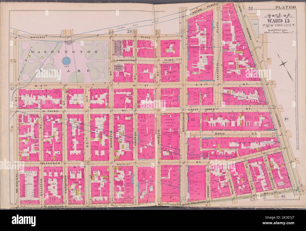 Kartografisch, Karten. 1893. Lionel Pincus und Prinzessin Firyal Map Division. New York (New York) Platte 18 Karte begrenzt durch Waverly Place, Astor Place, Bowery, 4. Ave., E. Houston St., W. Houston St., Mac Dougal St. Stockfoto
