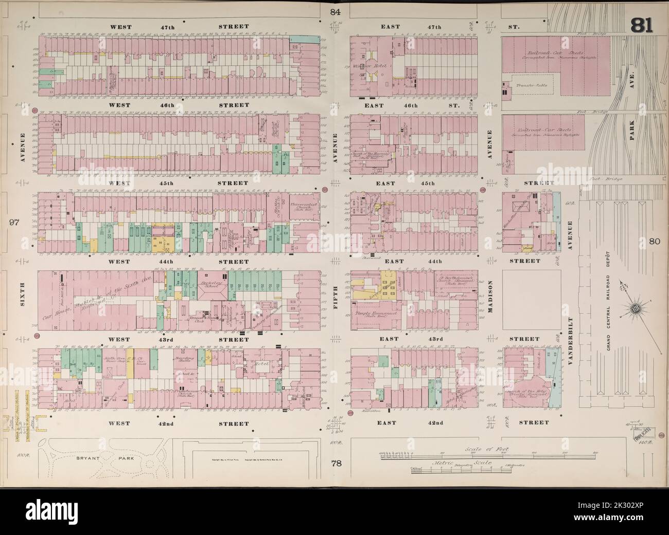 Kartografisch, Karten. 1890. Lionel Pincus und Prinzessin Firyal Map Division. Feuerversicherung , New York (Staat), Immobilien , New York (Staat), Städte & Orte , New York (Staat) Manhattan, V. 4, Doppelseite Plate No. 81 Karte begrenzt durch W. 47. St., E. 37. St., Park Ave., E. 42. St., W. 42. St., 6. Ave Stockfoto