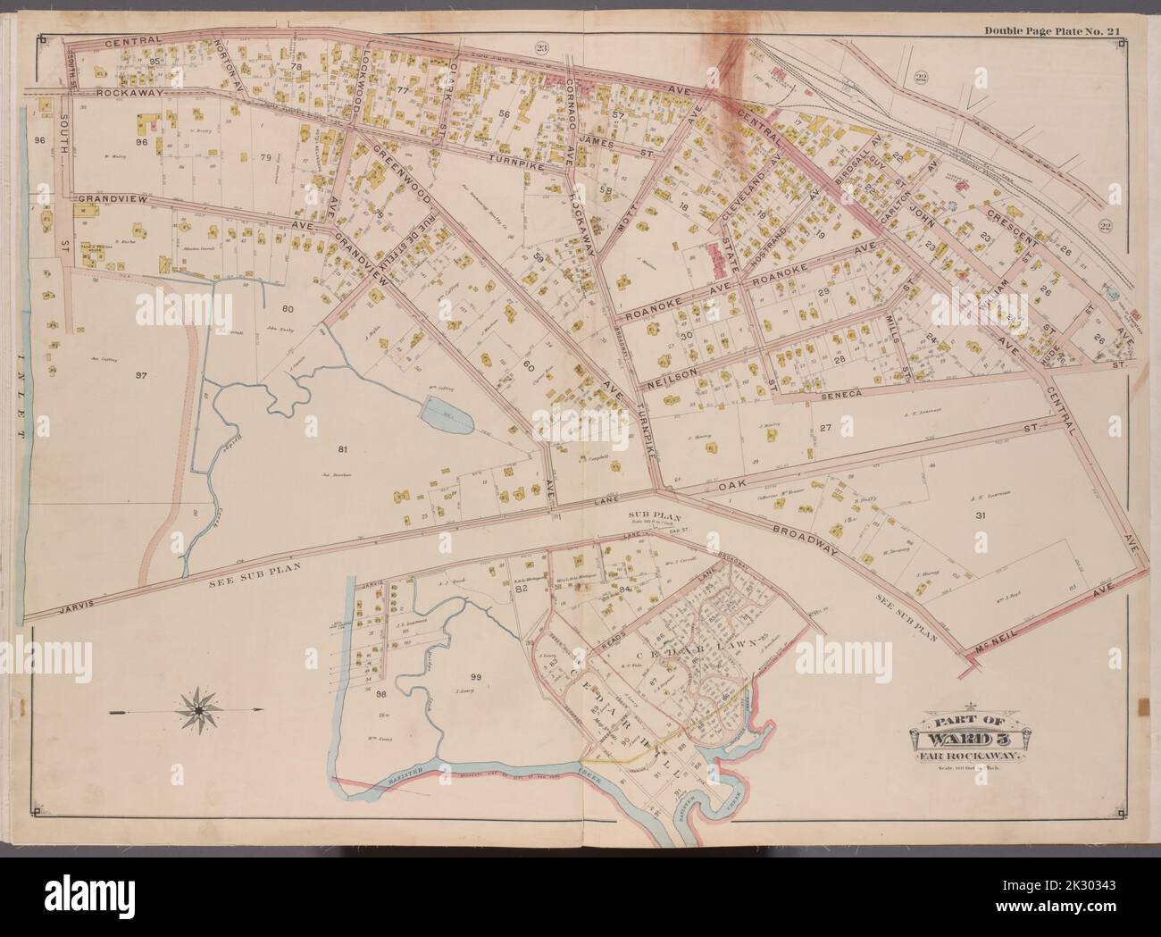 Kartografisch, Karten. 1901. Lionel Pincus und Prinzessin Firyal Map Division. Queens (New York, New York) Queens, V. 1, doppelseitige Platte Nr. 21; Teil von Far Rockaway, ward 5; Karte begrenzt durch Central Ave., McNeil Ave., Broadway, South St. Stockfoto