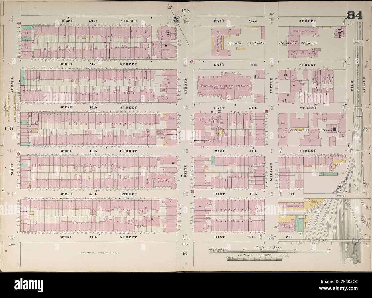 Kartografisch, Karten. 1890. Lionel Pincus und Prinzessin Firyal Map Division. Feuerversicherung , New York (Staat), Immobilien , New York (Staat), Städte & Orte , New York (Staat) Manhattan, V. 4, Doppelseite Plate No. 84 Karte begrenzt durch W. 52. St., E. 52. St., Park Ave., E. 47. St., W. 47. St., 6. Ave Stockfoto