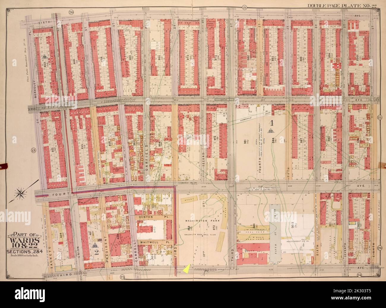 E.B. Hyde & Co. Kartografisch, Karten. 1903 - 1907. Lionel Pincus und Princess Firyal Map Division. Brooklyn (New York, New York) , Maps, Immobilien , New York (State) , New York Brooklyn, Vol. 1, Double Page Plate No. 22; Teil von ward 22, Abschnitt 2 & 4; Karte begrenzt durch 6. Ave., 8. Ave.; einschließlich 3. Ave., Sackett St., Berkeley Pl. Stockfoto