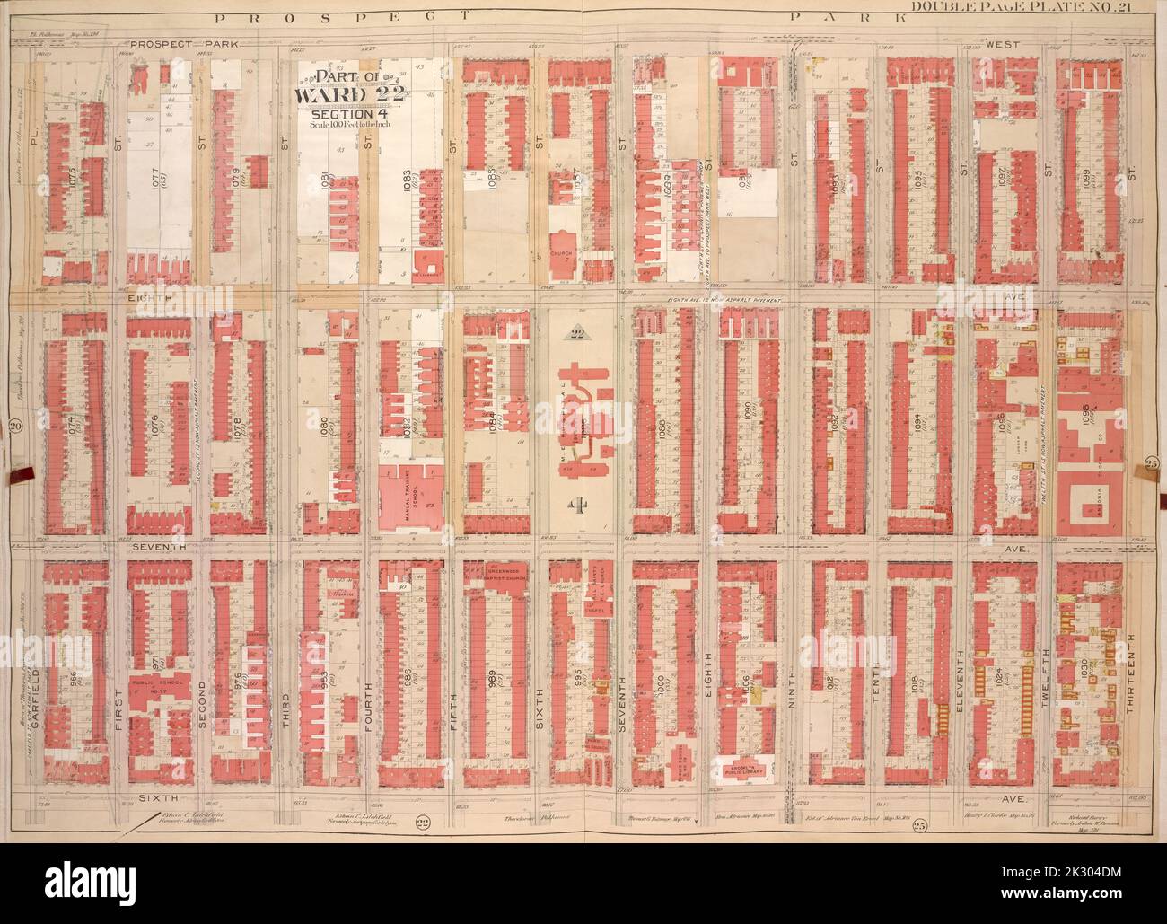 E.B. Hyde & Co. Kartografisch, Karten. 1903 - 1907. Lionel Pincus und Princess Firyal Map Division. Brooklyn (New York, New York) , Maps, Immobilien , New York (Bundesstaat) , New York Brooklyn, Vol. 1, Doppelseitenplatte Nr. 21; Teil von ward 22, Abschnitt 4; Karte begrenzt durch Prospect Park West, 13. St.; einschließlich 6. Ave., Carfield Pl. Stockfoto