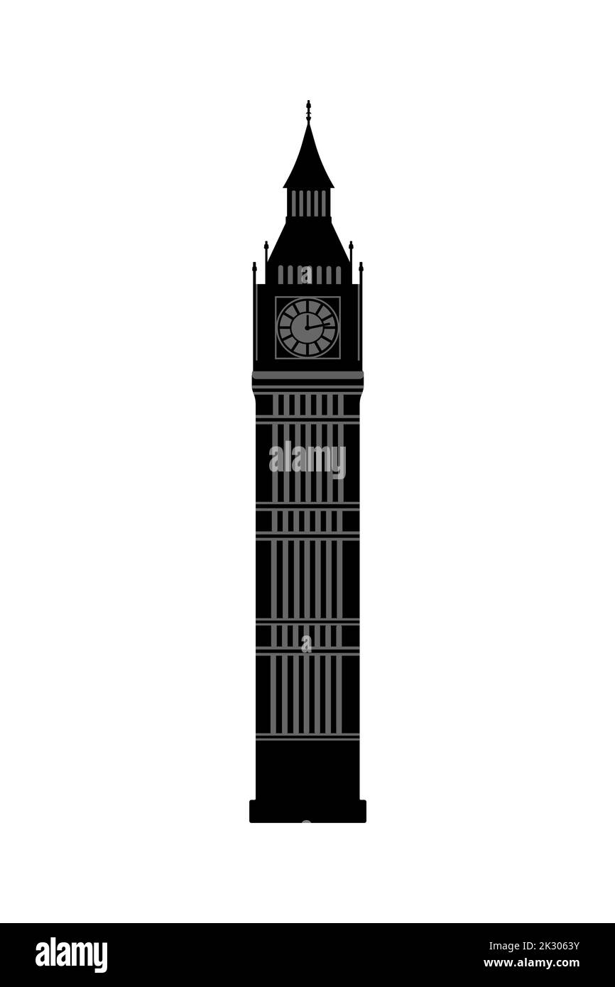Schwarzer Big Ben Tower auf weißem Hintergrund. Britisches Symbol. Detailliert. Reisen Sie Nach London. Tourismusobjekt. Vektorgrafik. Stock Vektor